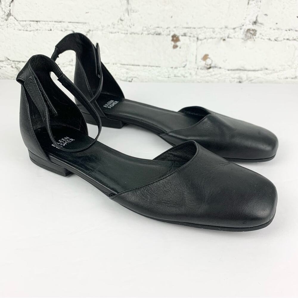Eileen Fisher Sue Black Leather Square Toe Ankle Strap Sandals 10